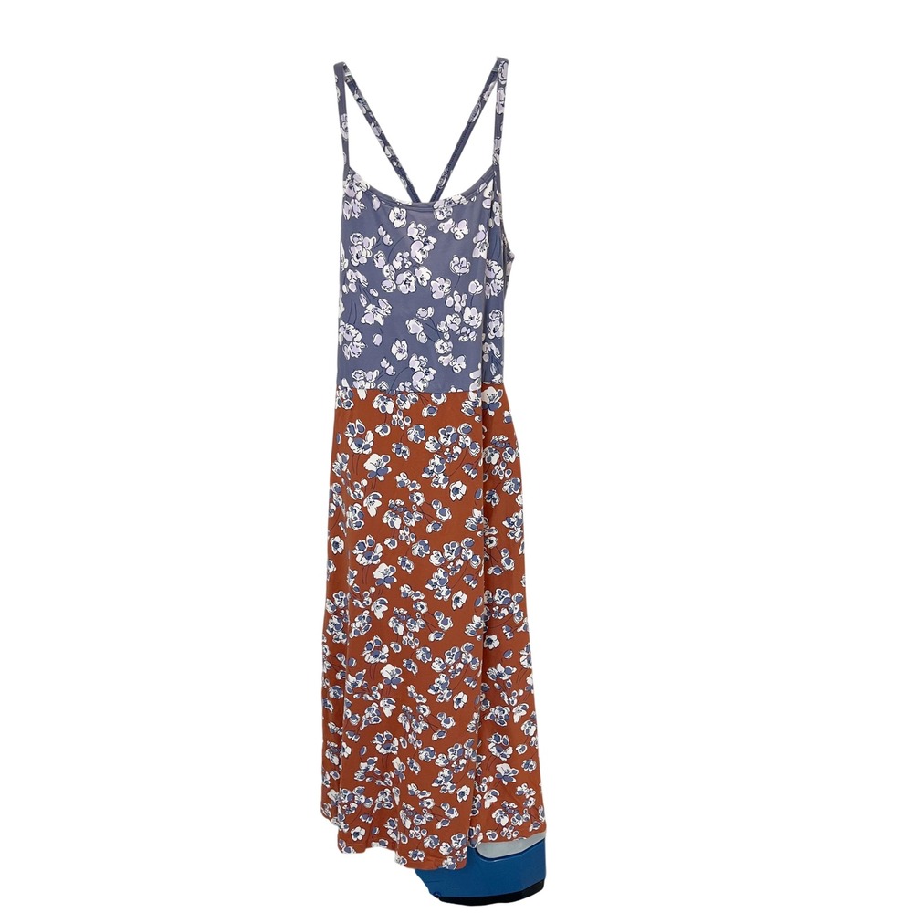 Pact Organic Cotton Fit & Flare Midi Dress Floral Blue Rust Brown Pockets MEDIUM
